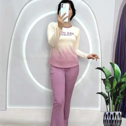 Đồ bộ quần dài áo tay dài cổ tròn 2 màu in chữ