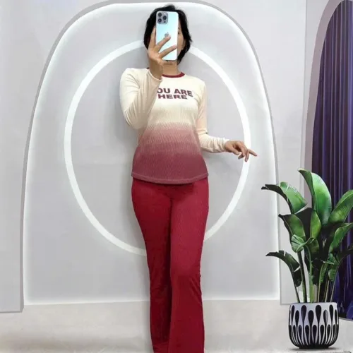 Đồ bộ quần dài áo tay dài cổ tròn 2 màu in chữ
