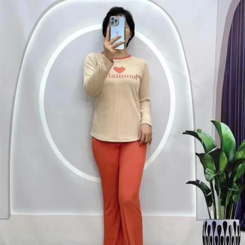 Đồ bộ quần dài áo tay dài cổ tròn in hình tim