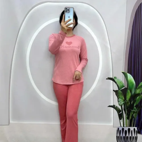 Đồ bộ quần dài áo tay dài cổ tròn in hình tim