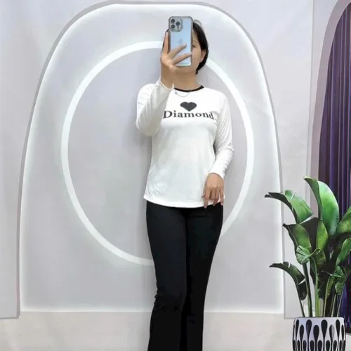Đồ bộ quần dài áo tay dài cổ tròn in hình tim