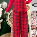 Đồ bộ quần dài áo tay dài cổ v caro
