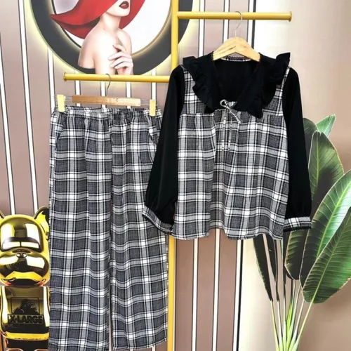 Đồ bộ quần dài áo tay dài cổ v caro