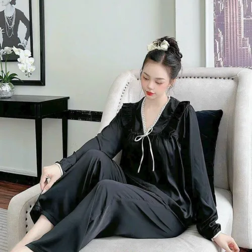 Đồ bộ quần dài áo tay dài cổ v màu trơn