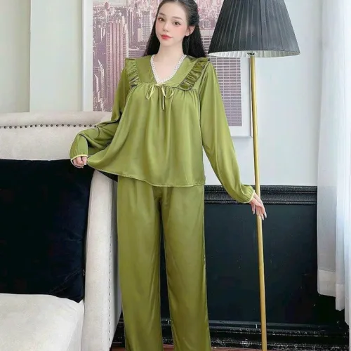 Đồ bộ quần dài áo tay dài cổ v màu trơn