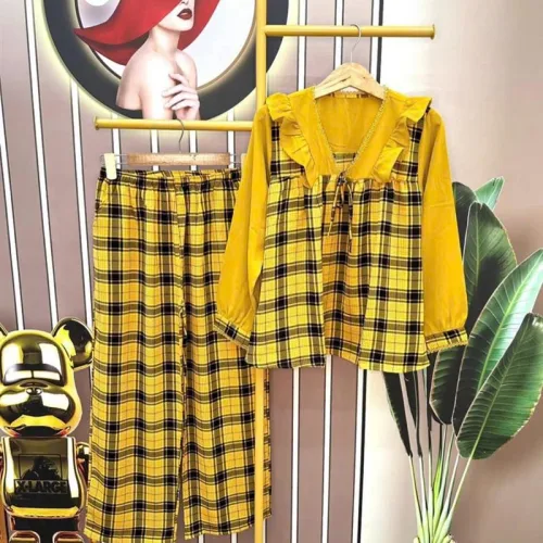 Đồ bộ quần dài áo tay dài cổ v phối bèo caro