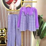 Đồ bộ quần dài áo tay dài cổ v phối bèo caro