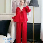 Đồ bộ quần dài áo tay dài cổ v phối ren màu trơn