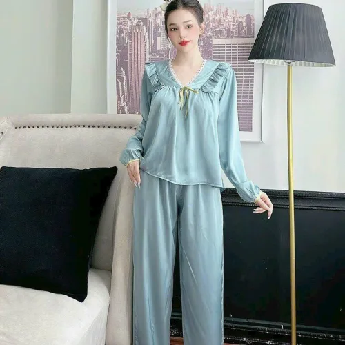 Đồ bộ quần dài áo tay dài cổ v phối ren màu trơn
