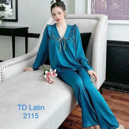 Đồ bộ quần dài áo tay dài cổ v phối ren màu trơn