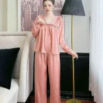 Đồ bộ quần dài áo tay dài cổ v phối ren màu trơn