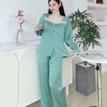 Đồ bộ quần dài áo tay dài cổ vuông phối ren màu trơn