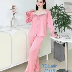 Đồ bộ quần dài áo tay dài cổ vuông phối ren màu trơn
