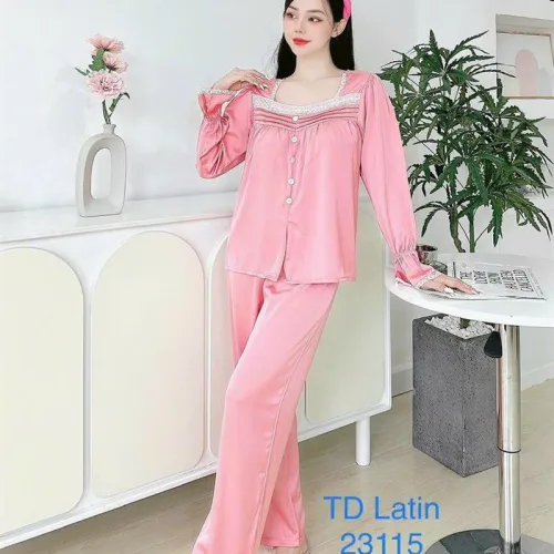 Đồ bộ quần dài áo tay dài cổ vuông phối ren màu trơn