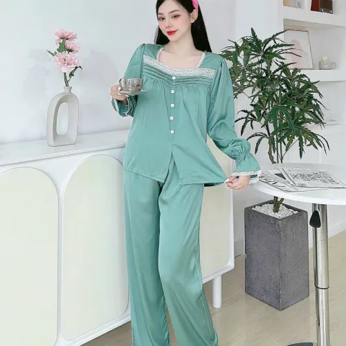 Đồ bộ quần dài áo tay dài cổ vuông phối ren màu trơn