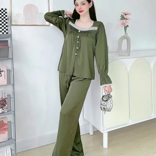 Đồ bộ quần dài áo tay dài cổ vuông phối ren màu trơn