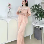 Đồ bộ quần dài áo tay dài cổ vuông phối ren màu trơn