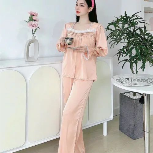 Đồ bộ quần dài áo tay dài cổ vuông phối ren màu trơn