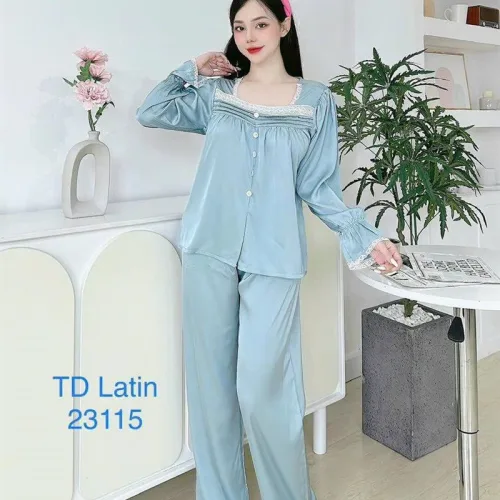Đồ bộ quần dài áo tay dài cổ vuông phối ren màu trơn