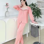 Đồ bộ quần dài áo tay dài cổ vuông phối ren màu trơn