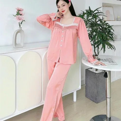 Đồ bộ quần dài áo tay dài cổ vuông phối ren màu trơn
