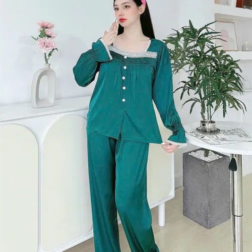 Đồ bộ quần dài áo tay dài cổ vuông phối ren màu trơn