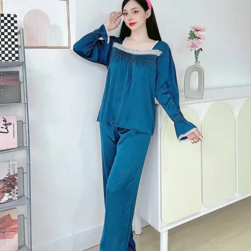 Đồ bộ quần dài áo tay dài cổ vuông phối ren màu trơn
