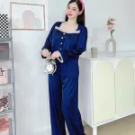 Đồ bộ quần dài áo tay dài cổ vuông phối ren màu trơn