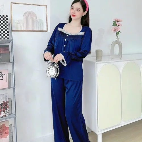 Đồ bộ quần dài áo tay dài cổ vuông phối ren màu trơn