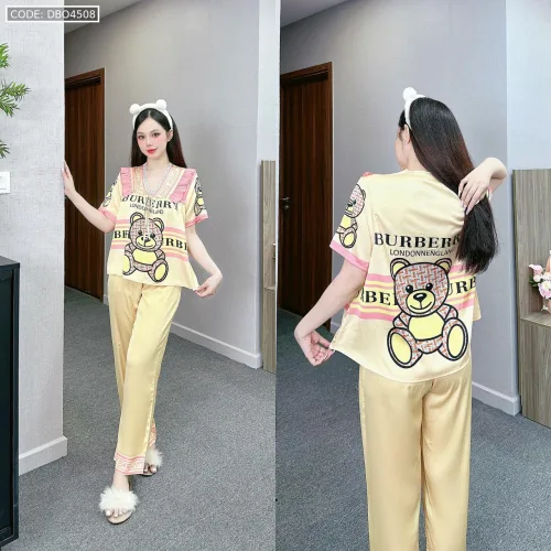 đồ bộ quần dài áo tay dài in hình dễ thương cổ nơ thăt nhỏ