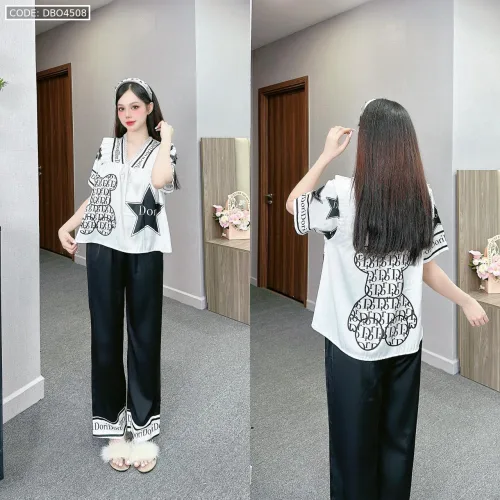 đồ bộ quần dài áo tay dài in hình dễ thương cổ nơ thăt nhỏ