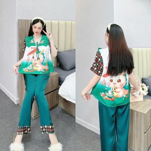 đồ bộ quần dài áo tay dài in hình dễ thương cổ nơ thăt nhỏ