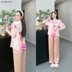 đồ bộ quần dài áo tay dài in hình dễ thương cổ nơ thăt nhỏ