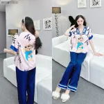 đồ bộ quần dài áo tay dài in hình dễ thương cổ nơ thăt nhỏ