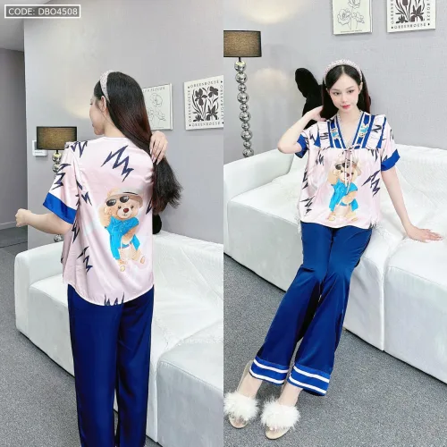 đồ bộ quần dài áo tay dài in hình dễ thương cổ nơ thăt nhỏ