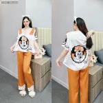 đồ bộ quần dài áo tay dài in hình dễ thương cổ nơ thăt nhỏ