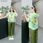đồ bộ quần dài áo tay dài in hình dễ thương cổ nơ thăt nhỏ