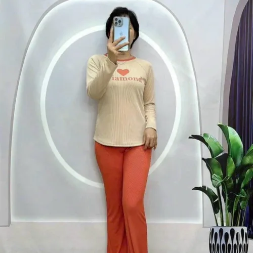 Đồ bộ quần dài áo tay dài in hình trái tim trước ngực