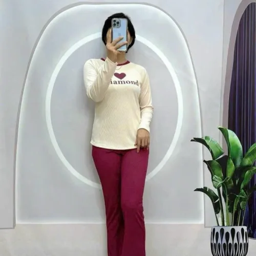 Đồ bộ quần dài áo tay dài in hình trái tim trước ngực