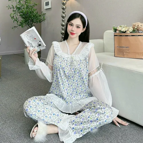 đồ bộ quần dài áo tay dài vải latin phối ren nơ