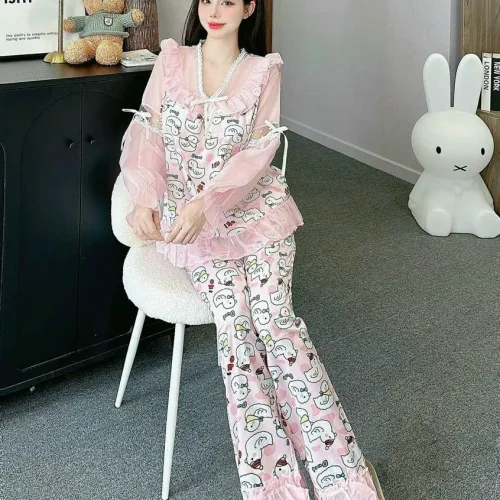 đồ bộ quần dài áo tay dài vải latin phối ren nơ