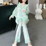 đồ bộ quần dài áo tay dài vải latin phối ren nơ