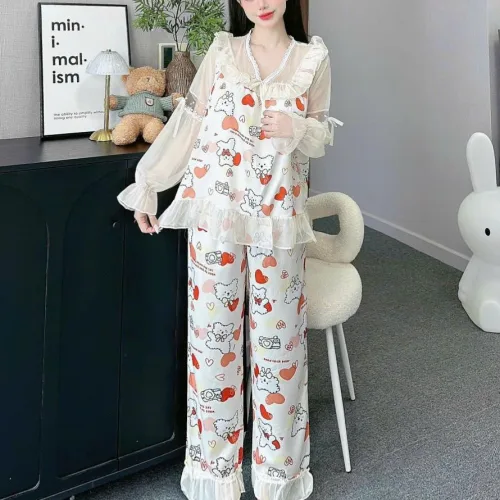 đồ bộ quần dài áo tay dài vải latin phối ren nơ