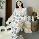 đồ bộ quần dài áo tay dài vải latin phối ren nơ