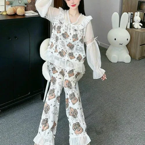 đồ bộ quần dài áo tay dài vải latin phối ren nơ