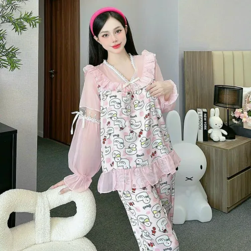 đồ bộ quần dài áo tay dài vải latin phối ren nơ