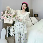 đồ bộ quần dài áo tay dài vải latin phối ren nơ