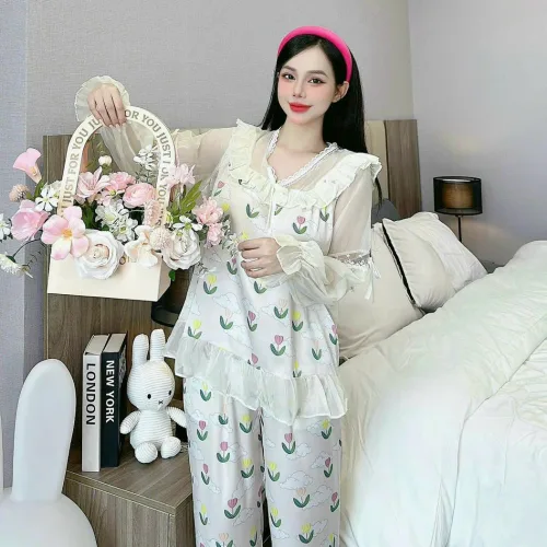 đồ bộ quần dài áo tay dài vải latin phối ren nơ