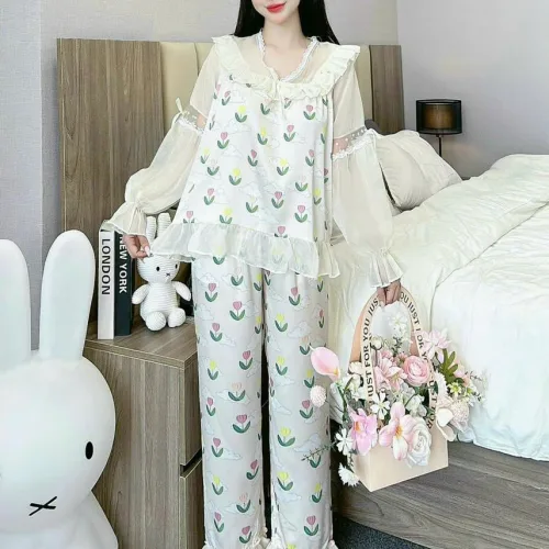 đồ bộ quần dài áo tay dài vải latin phối ren nơ