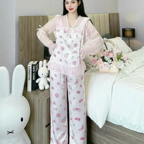 đồ bộ quần dài áo tay dài vải latin phối ren nơ